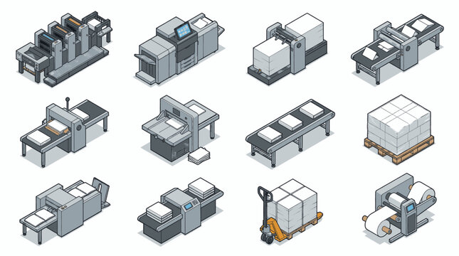 Set of isometric icons representing printing industry equipment and processes.