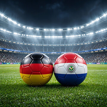 Soccer balls with german and paraguayan flags on a stadium pitch