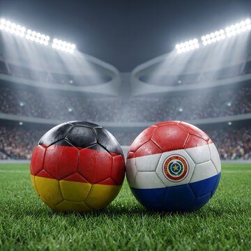 Soccer balls with the flags of germany and paraguay on a stadium pitch