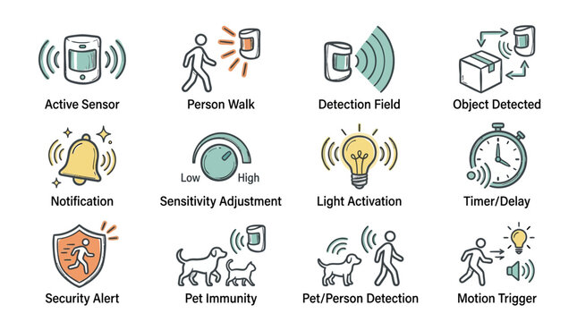 Security sensor and motion detection system icons for alerts and triggers