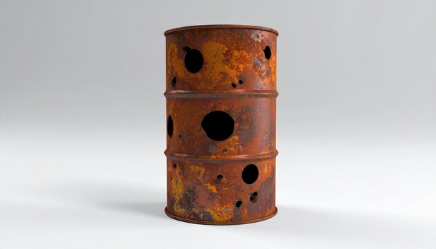 Rusty industrial oil drum with holes isolated