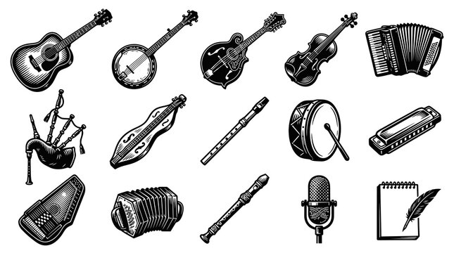 Traditional Folk Music Instruments  Songwriting Tools Black  White Vintage Engraving Art Icons.