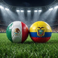 Obraz premium Soccer balls with mexico and ecuador flags on a stadium grass field