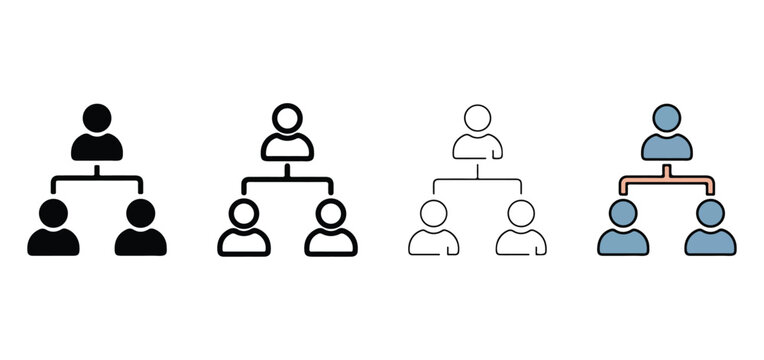 organizational chart icons in different colors on white background  various team structures and communication flow symbols