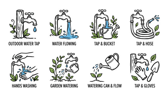 Water tap and hose icons showing different uses and water flow