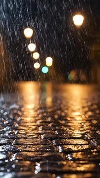 Close-up video of rain droplets falling on a wet cobblestone street at night with warm glowing streetlights reflecting beautifully.