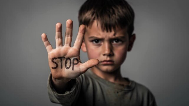 Serious young boy showing stop sign on hand symbolizing anti violence and child protection awareness