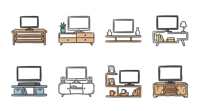 Collection of television stands and entertainment units with screens