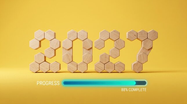 Wooden Hexagon Blocks Forming the Year 2027 with Progress Bar Displaying 88 Percent Completion on Bright Yellow Background