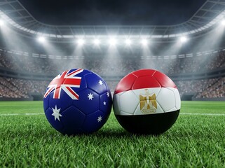 Obraz premium Soccer balls with flags of australia and egypt on a stadium grass field