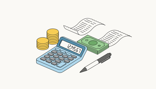 Isometric vector illustration of business accounting, tax auditing, calculator, coins, money, and pen.