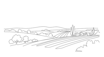 Fototapeta premium Rural Landscape Drawing: Rolling Hills, Farmland, and Village Sketch