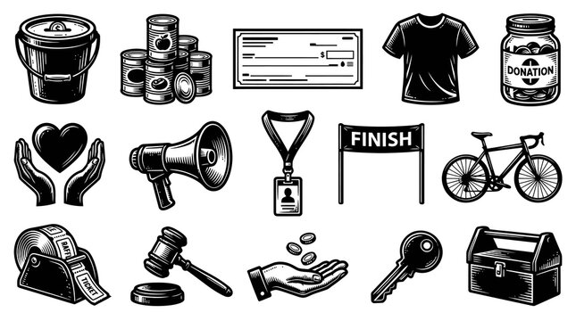 Fundraising and Charity Icons: Black and White Line Art Set