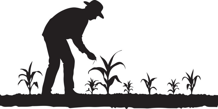 Silhouette of a farmer planting seeds in a field