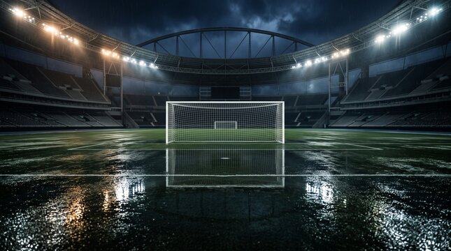 Soccer stadium goal on rainy night, empty field