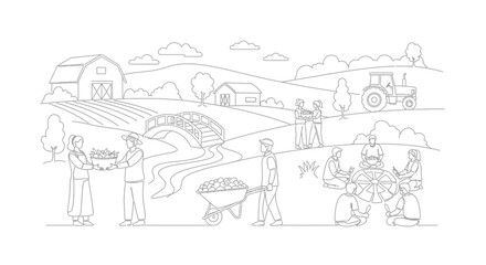 Obraz premium Rural Community Farming Lifestyle, People Working Together in a Scenic Landscape with Barn and Tractor