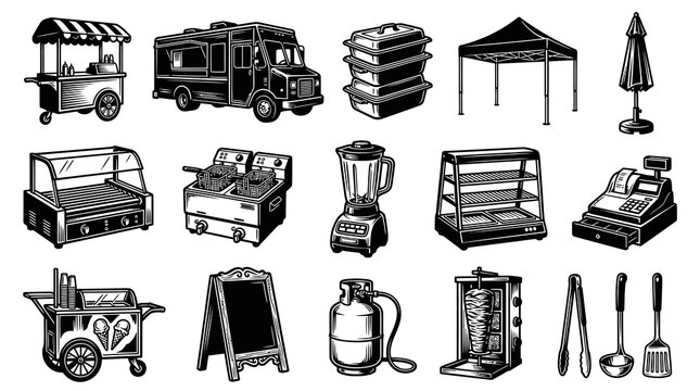 Vintage Black  White Line Art Food Service Equipment Icons for Street Food  Catering Business