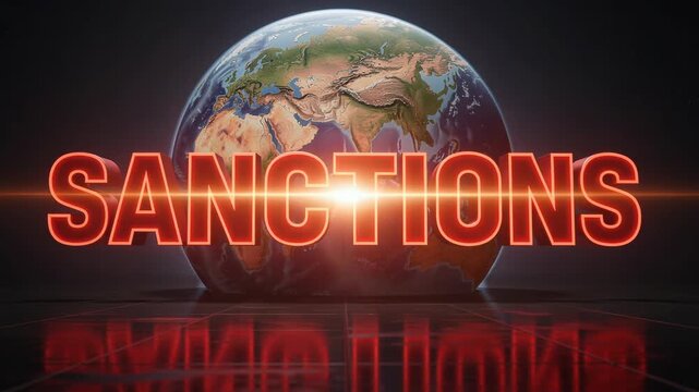 Global sanctions concept with illuminated red text over earth representing international restrictions and political impact