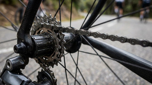 Detailed close-up of a bicycle's rear wheel, chain, and gear cassette in dynamic motion, showcasing the intricate drivetrain propelling a cyclist on an outdoor road