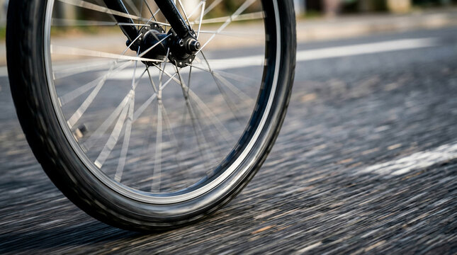 Bicycle front wheel in motion on textured asphalt road, showcasing tire and spokes. Represents active lifestyle, sustainable transport, and outdoor journey