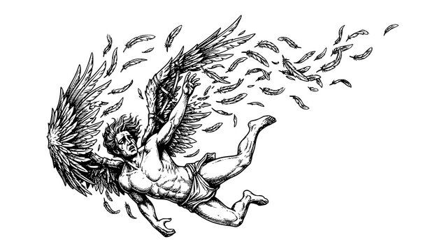 Vintage Icarus Falling Hand Drawn Vector Sketch with Broken Wings Illustration