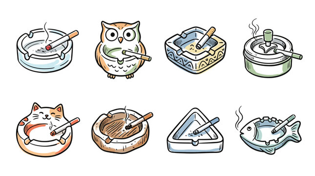 Collection of illustrated ashtrays with lit cigarettes for smoking