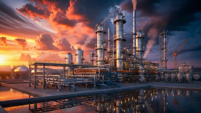 Sunset view of a large industrial oil refinery with metal structures and smoke stacks reflecting in water