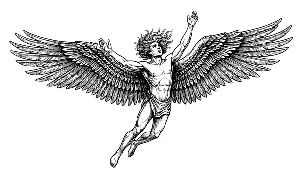 Icarus Hand Drawn Sketch Vector with Flying Wings Mythological Line Art Illustration