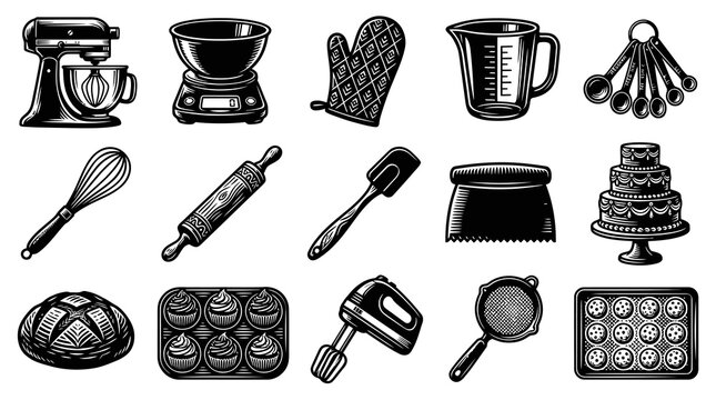 Black and White Line Art Baking Tools and Equipment Vector Set
