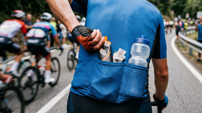 Professional road cyclist reaching for an essential energy gel from jersey pocket during an intense endurance race, maintaining hydration and crucial fuel on a challenging uphill climb