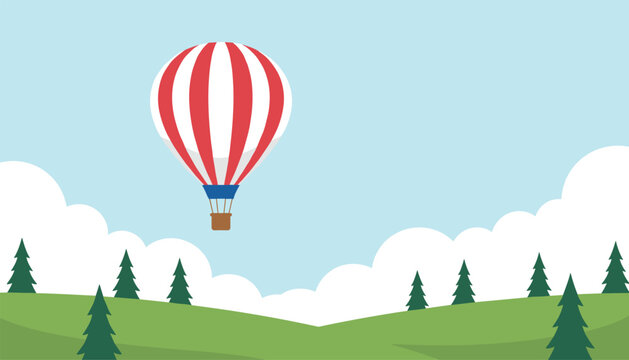 Red and white striped hot air balloon sails high in a blue sky above soft white clouds and green pine forest.
