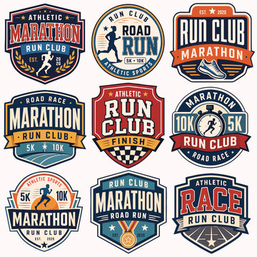 A collection of nine vintage-style athletic running club and marathon race badges and emblems, featuring runners, shoes, and finish lines.
