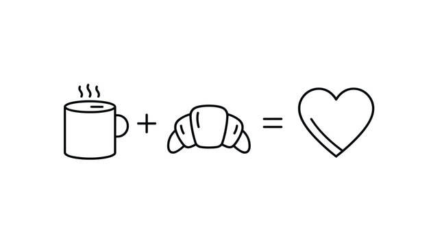Line art graphic expressing a hot coffee mug plus croissant equals love concept isolated on a white background.