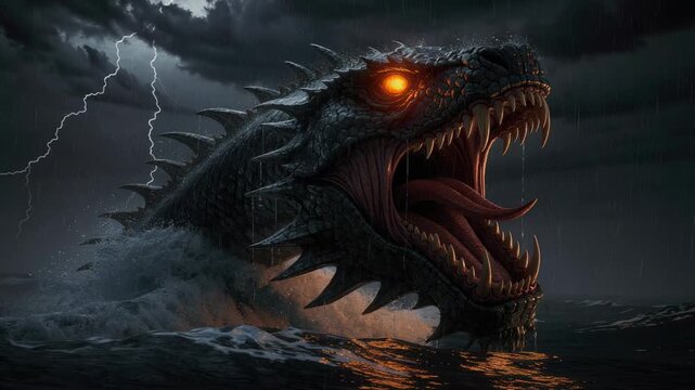 Epic sea dragon roaring in stormy ocean lightning with glowing eyes fantasy creature art