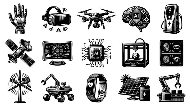 Engraved Black  White Technology Icons Set with AI, Robotics, VR, Smart Devices  Future Innovations