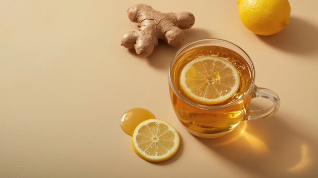 Warm ginger lemon tea with honey spooned beside glass cup, cozy soothing drink