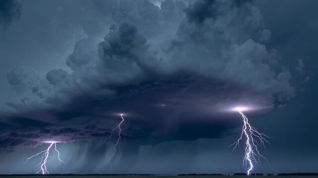 Dramatic lightning storm with multiple bolts striking under dark storm clouds over flat landscape