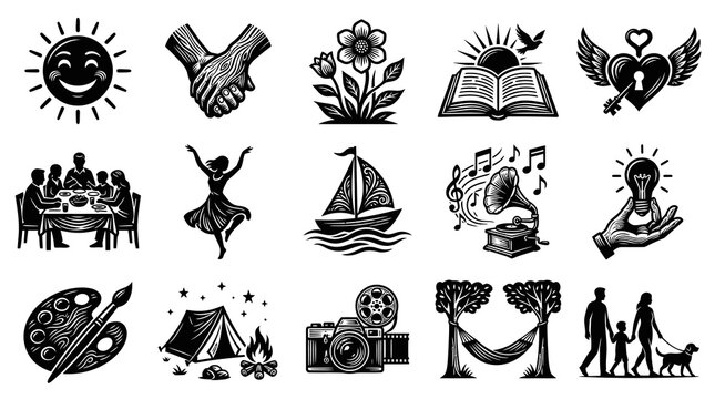 Black and White Vector Icons: Sun, Hands, Flower, Book, Heart, Family, Dance, Boat, Music, Idea, Art, Camp, Camera, Hammock, Couple, Dog