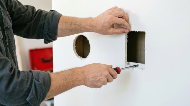 Closeup of a construction worker installing an electrical outlet box