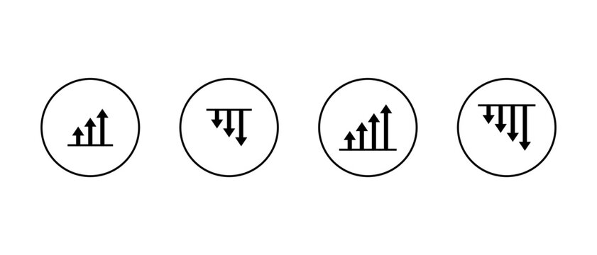 Growth and decline arrow icon set in circular outline. Upward and downward trend symbol. Up and down arrows