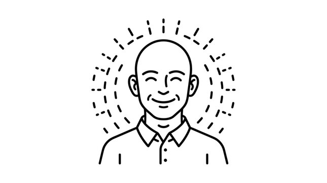 Happy bald man smiling, minimalist line art icon. Positive energy, good mood, and well-being concept vector illustration.