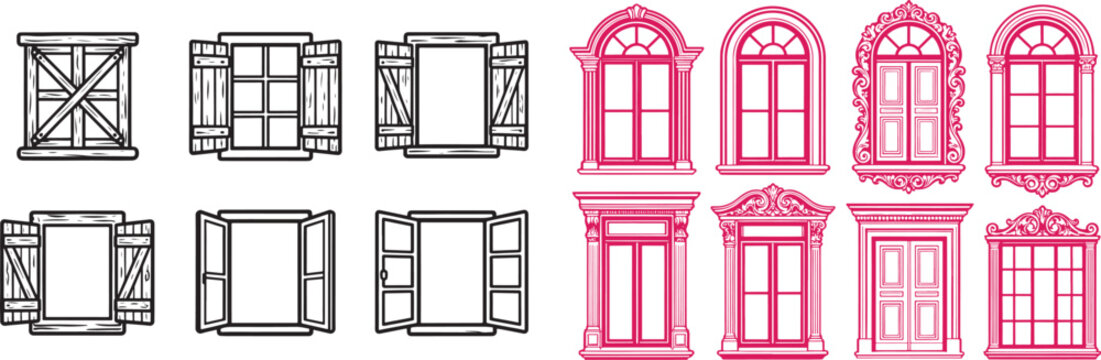 Vector illustration set of rustic wooden windows with shutters and classic ornate architectural frames