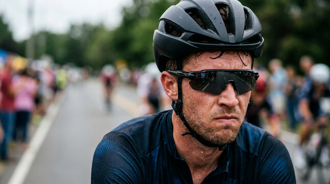 Focused male cyclist at an early morning race start, exhibiting intense determination and raw effort during a challenging, competitive event