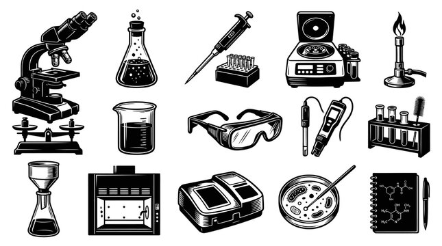 Black and White Vintage Line Art Illustration Set of Science Laboratory Equipment and Chemical Tools