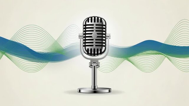 Retro silver microphone with colorful sound waves background for podcast broadcasting and audio recording