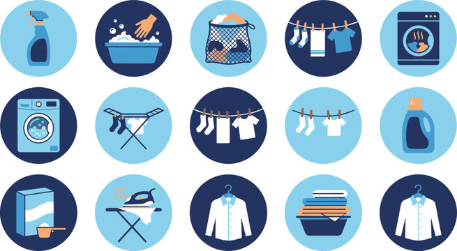 Laundry service and washing vector icon set featuring flat round badges of washing machine, clothesline drying, detergent powder, ironing board, and folded garments.
