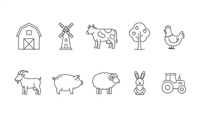 Obraz premium Comprehensive collection of ten black line farm icons including domestic animals, a tractor, a barn, and a windmill.