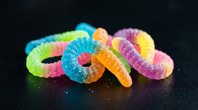 Closeup of colorful gummy worms on a black background these vibrant, sugarcoated candies feature a mix of bright colors like blue, green, orange, yellow, and purple, creating a playful and sweet treat