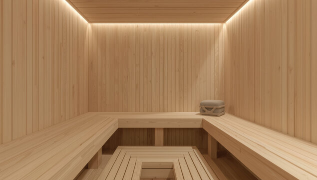 Scandinavian spa sauna interior with pale wood bench and warm LED mood lighting
