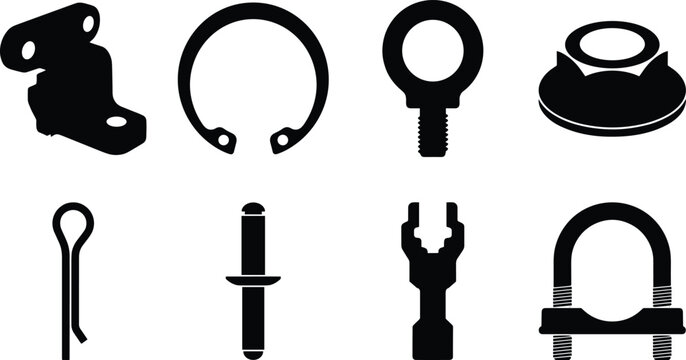 Industrial Mechanical Hardware Vector Icon Set with Bracket Circlip Eye Bolt U Bolt and Rivet
